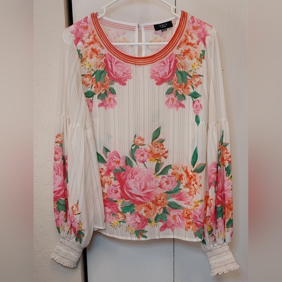 Vici Colorful Floral Sheer Top Size Large Feminine Romantic Blouse Balloon Sleev - Picture 1 of 11